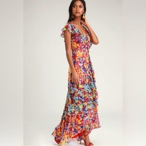 Lulu’s Radiant Ruby Red Floral Print Chiffon Maxi Dress